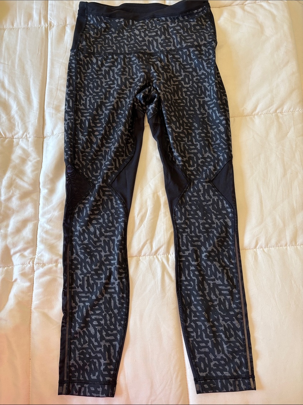 Lululemon Black & Gray Patterned Athletic Leggings with Sheer Panels, Sz 8